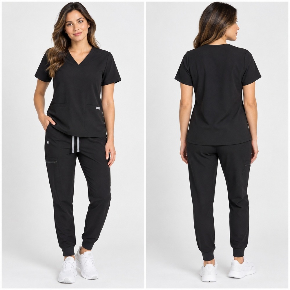 Figs Casma Zamora Scrub Set Women LP Black V-Neck Jogger Medical Nurse